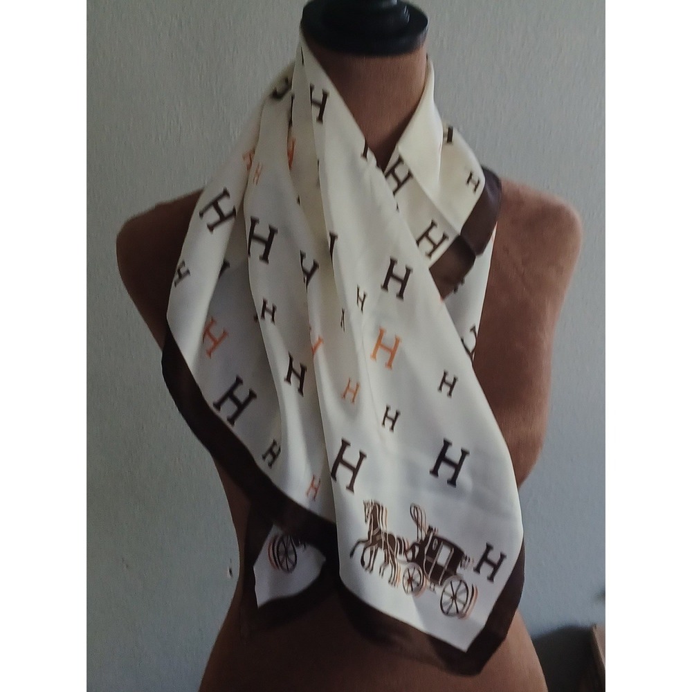Equestrian Horse Carriage Monogram Square Scarf‎ Cream Brown 26x26 Neck Wrap